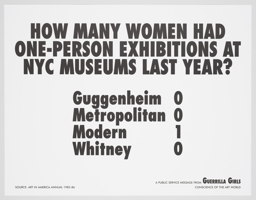 Poster asking how many women had solo exhibitions at four NYC museums, showing Guggenheim 0, Metropolitan 0, Modern 1, Whitney 0.