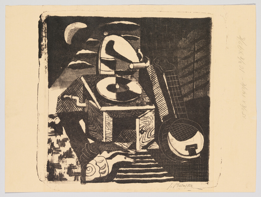 A still life showing a record player, banjo, accordion, and seashell under a moonlit sky.