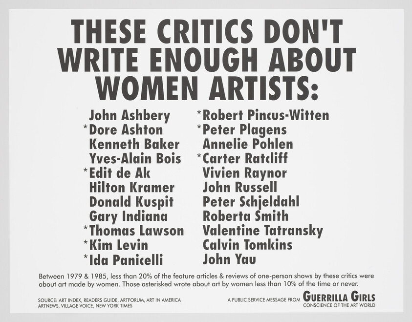 Poster lists critics who don't write enough about women artists and highlights their low coverage statistics.