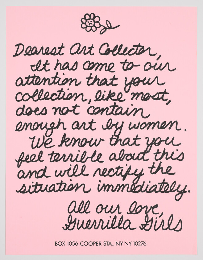 Handwritten pink letter from the Guerrilla Girls urging an art collector to include more work by women.