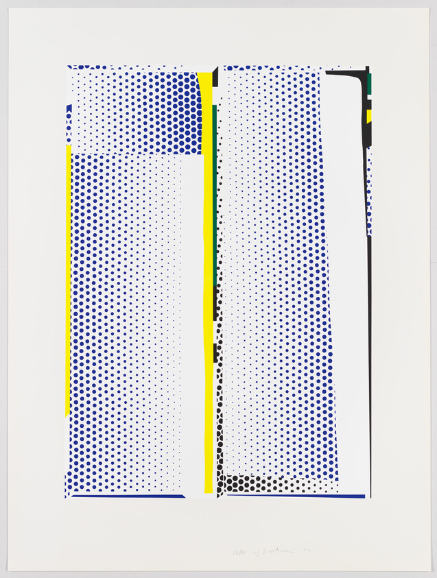 Abstract print with two vertical white panels over blue halftone dots framed by yellow and black lines.