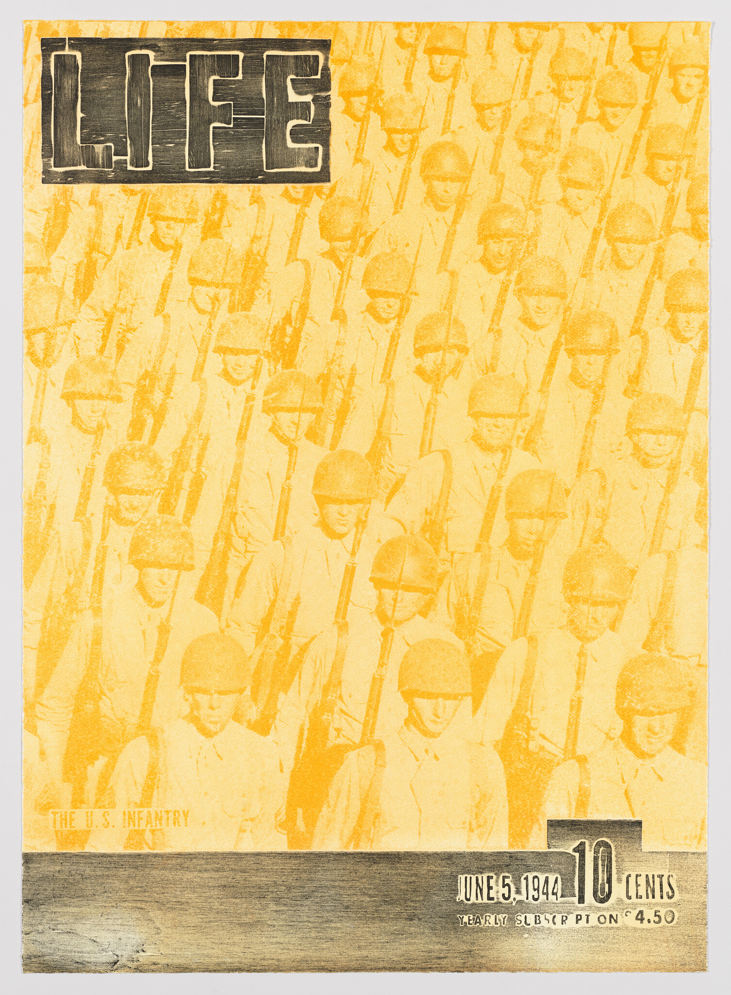 Vintage magazine cover of LIFE from June 5, 1944, featuring a monochromatic illustration of numerous U.S. infantry soldiers in helmets, with the title "LIFE" in bold at the top and the price of 10 cents at the bottom.