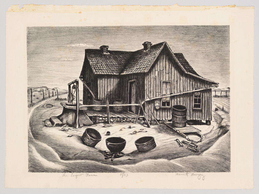 A weathered wooden shack on a dirt lot with scattered barrels and three cooking pots in front.