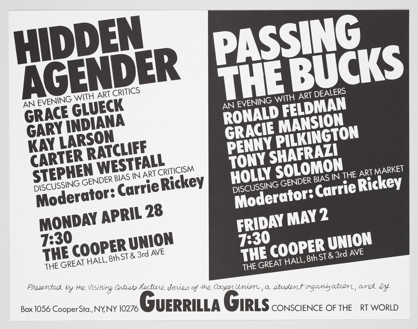 Guerrilla Girls present "Hidden Agenda" and "Passing the Bucks" at The Cooper Union.