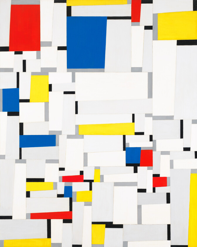 Abstract painting with red, blue, yellow, and white rectangles arranged in a grid pattern.