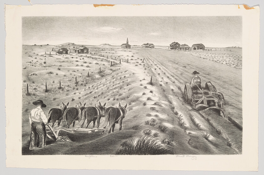 Two farmers plow dry fields—one with mules and one with a tractor—toward distant buildings.