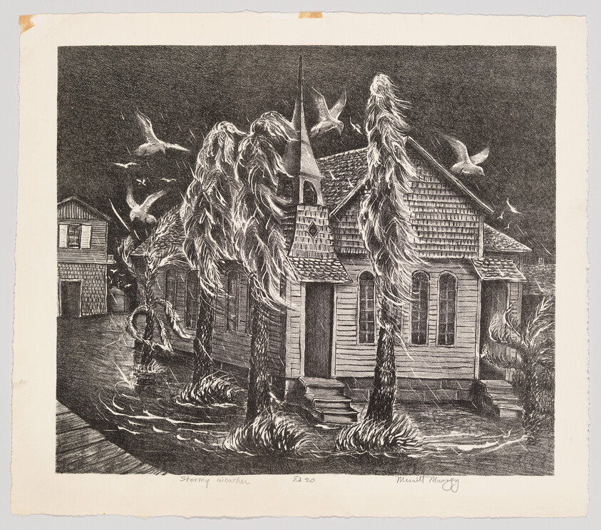 A small church on flooded ground with windswept palm trees and seagulls in flight.