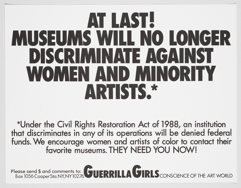 Poster declaring museums will no longer discriminate against women and minority artists under the 1988 law.