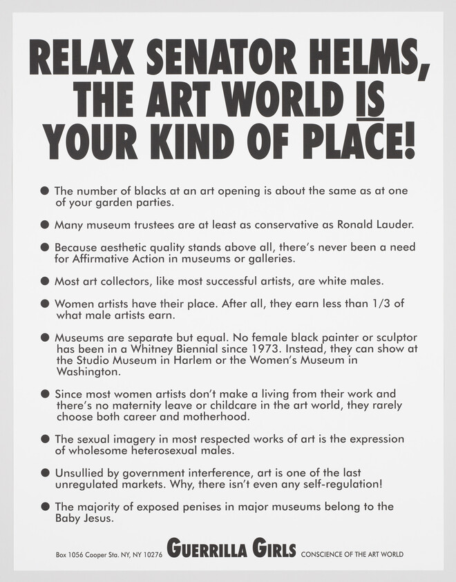 Large poster condemning a senator and sexist, racist statements about exclusion in the art world.