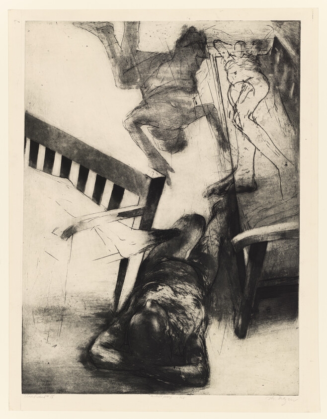A person lies face down on the floor beside overturned chairs while two shadowy figures move above.