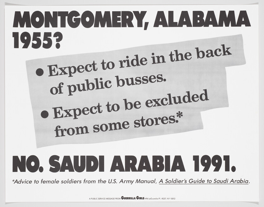 Poster stating women in Saudi Arabia in 1991 could expect segregation, like "ride in the back" of buses.