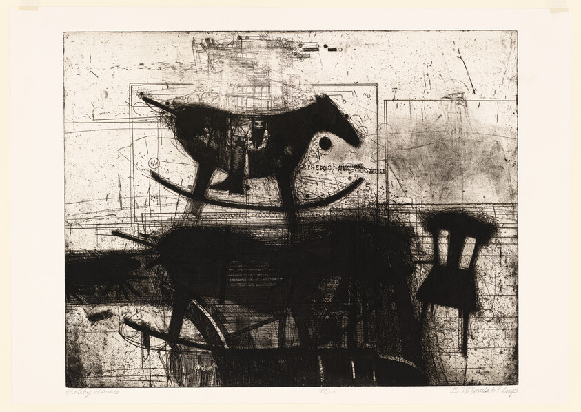 Two dark rocking horse silhouettes stacked one above the other with a small chair beside them.