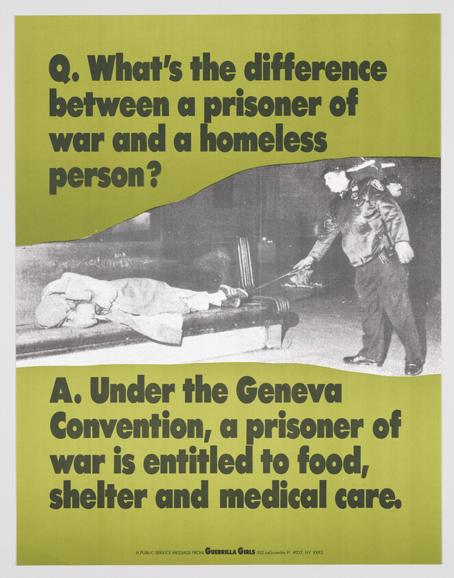 Poster contrasting a sleeping homeless person and policeman, stating prisoners of war are entitled to food, shelter, and medical care.
