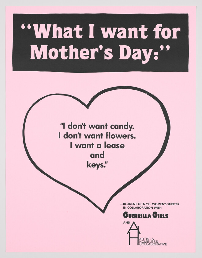 Pink poster reading "What I want for Mother's Day" with a heart saying "I want a lease and keys."