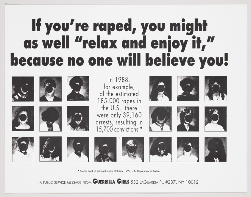 Poster showing bold text about rape disbelief and statistics, with masked faces and group name Guerrilla Girls.