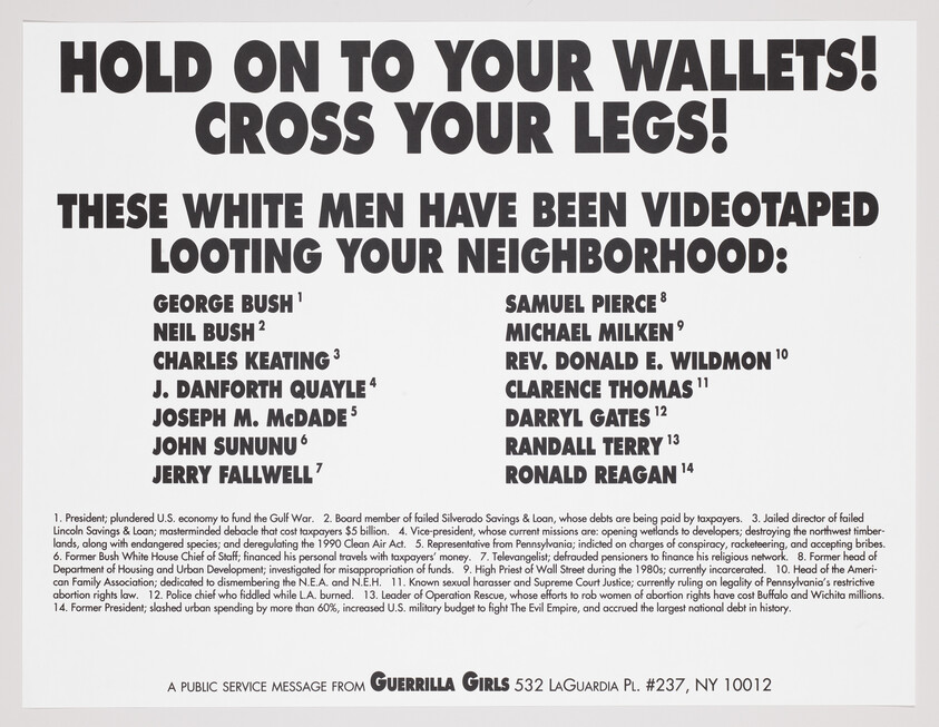 Poster reading "Hold on to your wallets! Cross your legs!" listing prominent white men accused of looting neighborhoods.