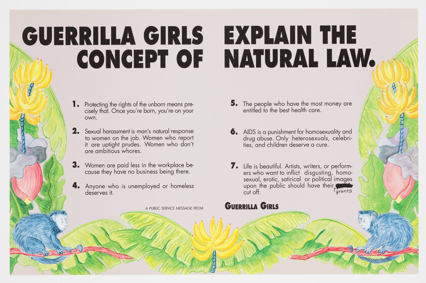 Guerrilla Girls poster listing sexist "natural law" statements with tropical border and cartoon gorillas.