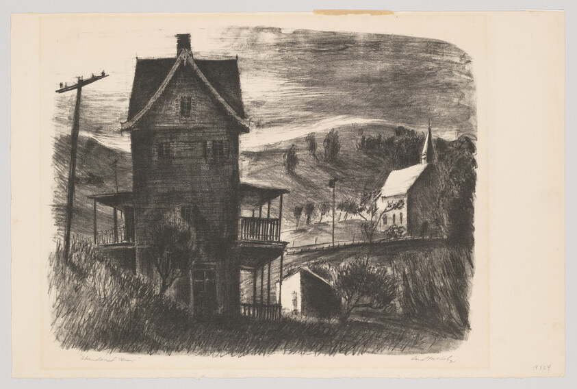 A tall two-story house with wraparound porch stands in front of a distant hilltop church.