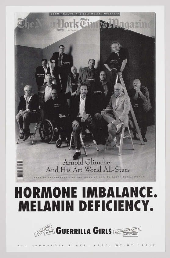 Group portrait posing as magazine cover with bold text "Hormone imbalance. Melanin deficiency." by Guerrilla Girls.