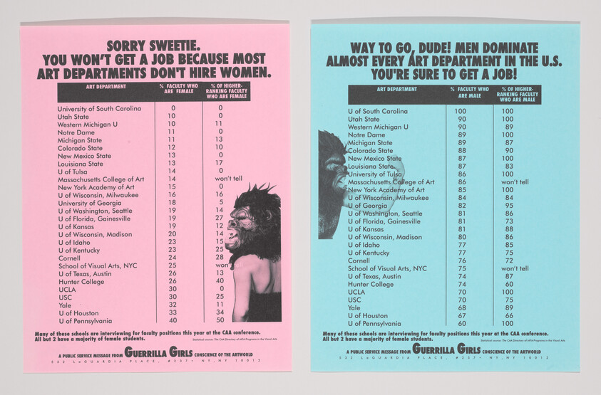 Two posters comparing U.S. art departments' faculty gender percentages, highlighting that women are rarely hired.