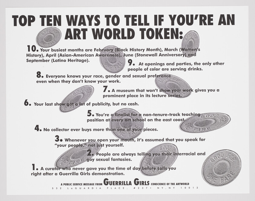 Poster listing top ten ways to tell if you're an art world token with numbered statements.