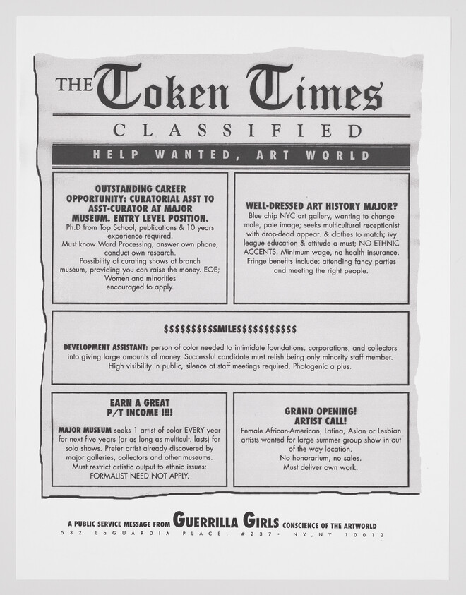 Black and white satirical classified ad page with fake art world job listings, highlighting discrimination and tokenism; text by Guerrilla Girls.