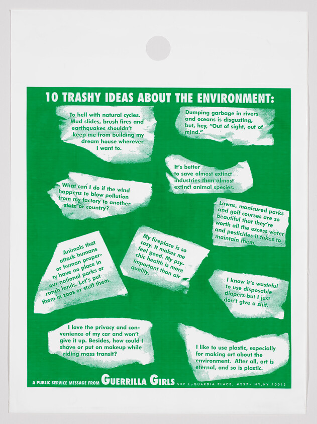 Poster titled "10 trashy ideas about the environment" listing satirical excuses about pollution and conservation.
