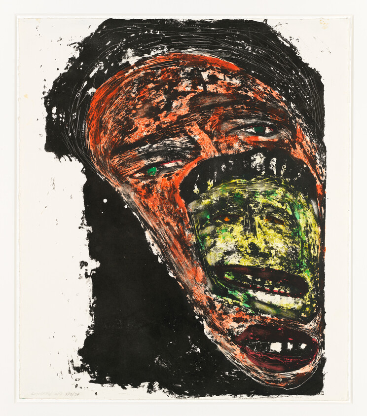 Distorted expressionistic face with wide open mouth and layered red, green, and black paint.