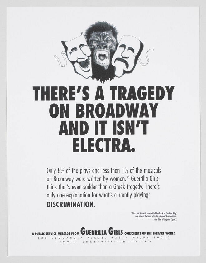Poster showing gorilla and theater masks protesting discrimination against women playwrights on Broadway.