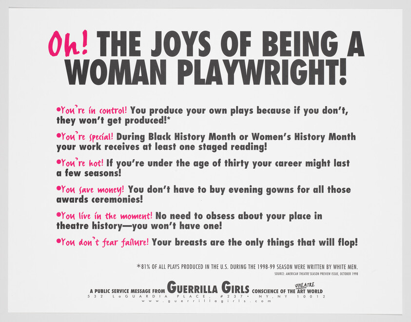 Poster titled "The joys of being a woman playwright!" listing sarcastic bullet points about barriers and stereotypes.