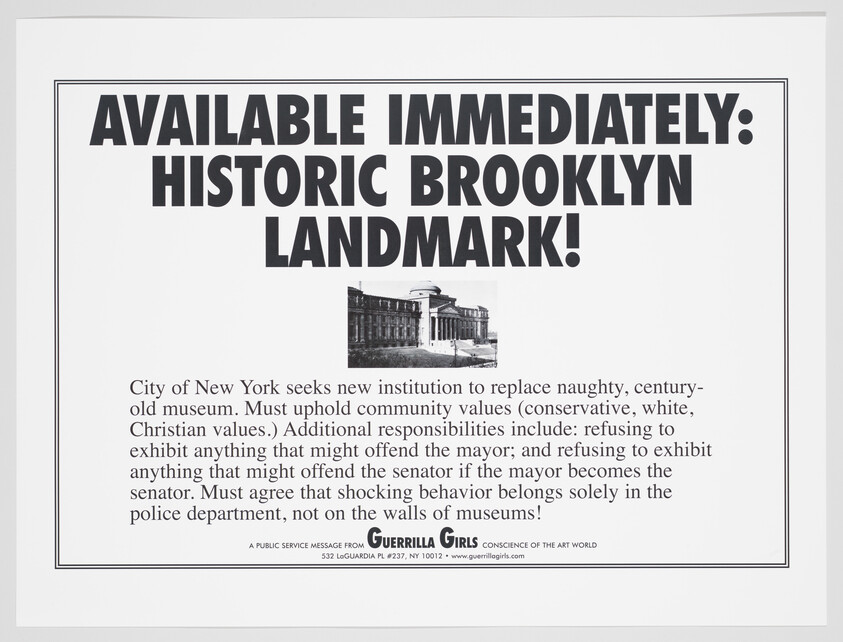 Large bold text announces a historic Brooklyn landmark is available; smaller text satirically lists strict community value requirements.
