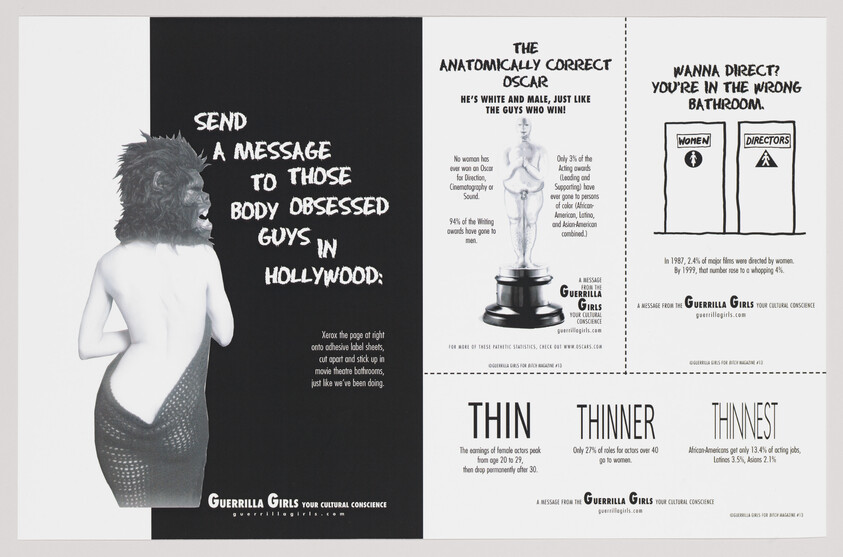 Female figure wearing a gorilla mask and message urging to send a message to body-obsessed Hollywood guys.