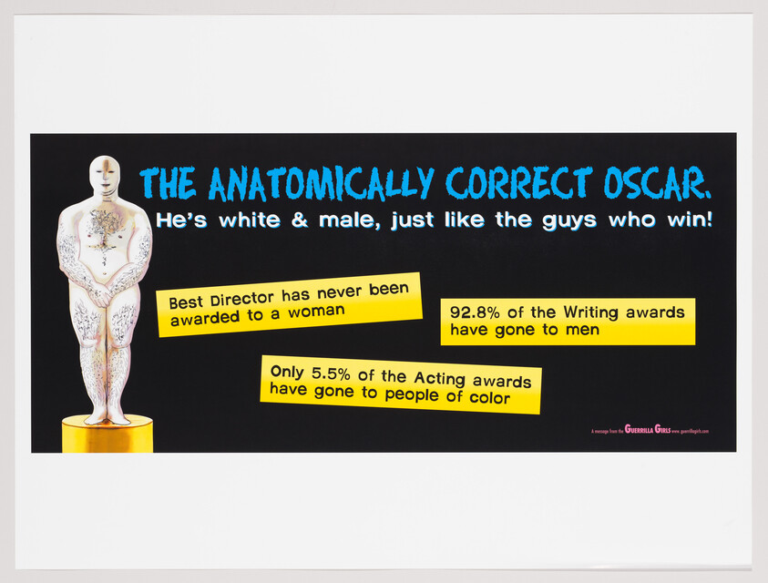 A cartoon Oscar statue highlights disparities: directing never awarded to a woman, acting only 5.5% to people of color.