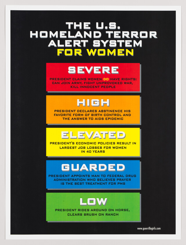 Poster showing a satirical U.S. homeland terror alert system for women with five color-coded threat levels.