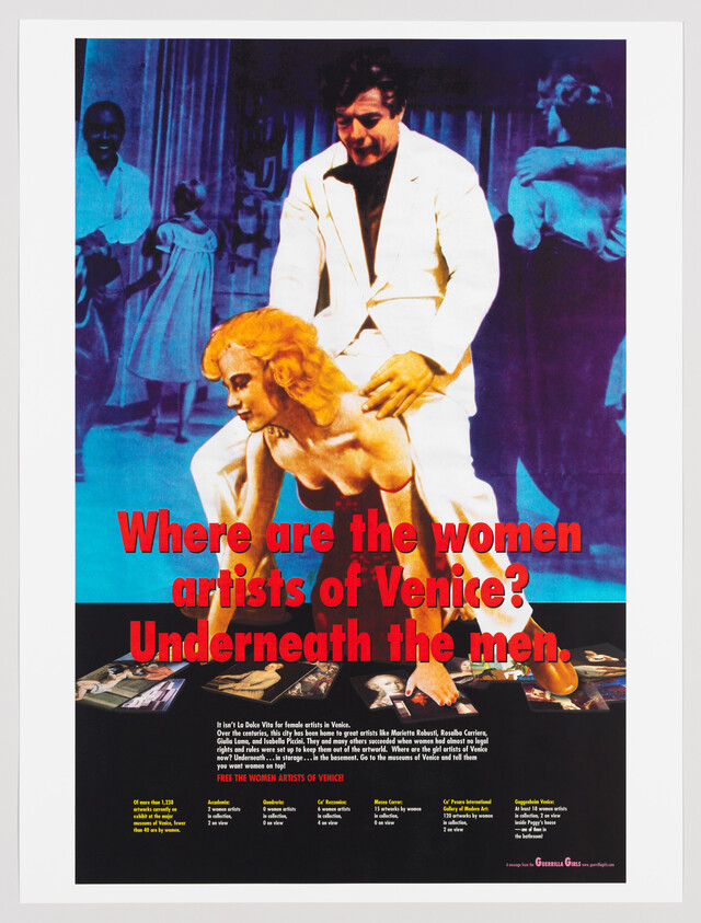 Man in white stands over a kneeling woman on a poster asking "Where are the women artists of Venice?".