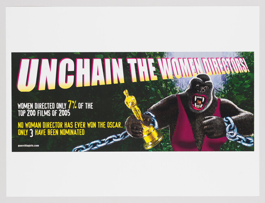 Bold banner reads "Unchain the women directors!" showing a chained gorilla holding an Oscar and statistics.