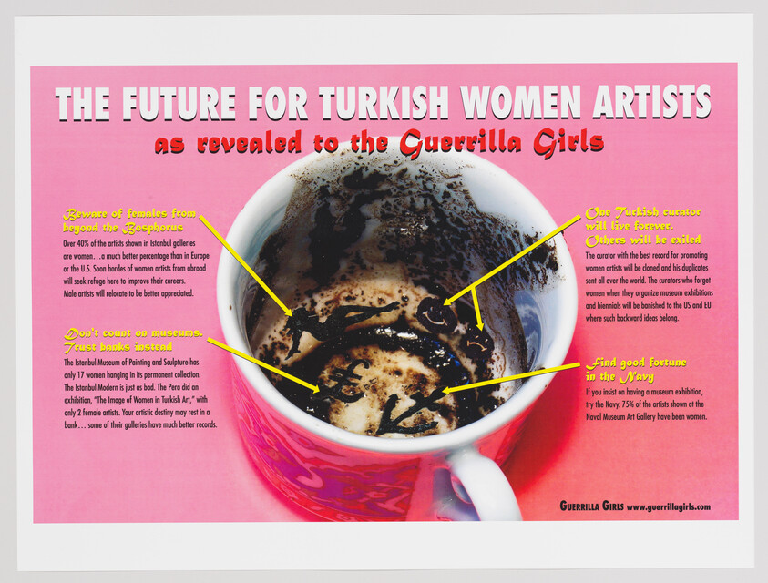 Poster showing a coffee cup with dark shapes and arrows illustrating future prospects for Turkish women artists.