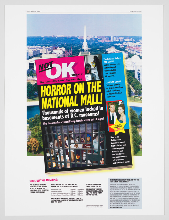 Magazine-style poster "Horror on the National Mall!" accuses museums of locking thousands of women artists in basements.