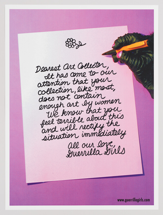 A gloved hand writes a handwritten letter urging art collectors to include more art by women.