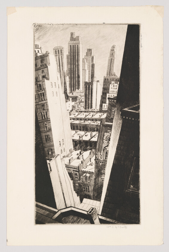 A high-angled view down between tall city skyscrapers onto rooftops and distant towers.