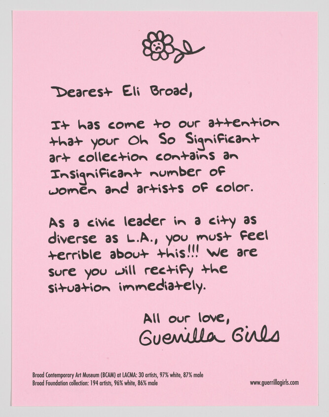 A handwritten note to Eli Broad criticizes his art collection for lacking women and artists of color, signed Guerrilla Girls.