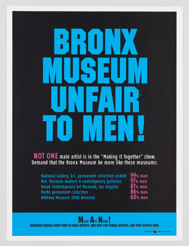 Bold blue text says "Bronx Museum Unfair to Men!" with statistics showing high male artist representation in other museums.