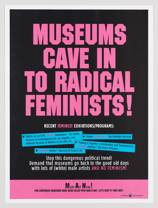 Poster declares "Museums cave in to radical feminists!" and demands return to male-focused museum programming.