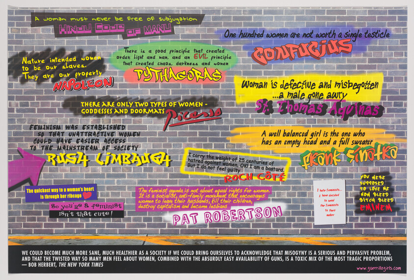 Colorful graffiti-style quotes on a brick wall, all expressing misogynistic views from various historical and modern figures.