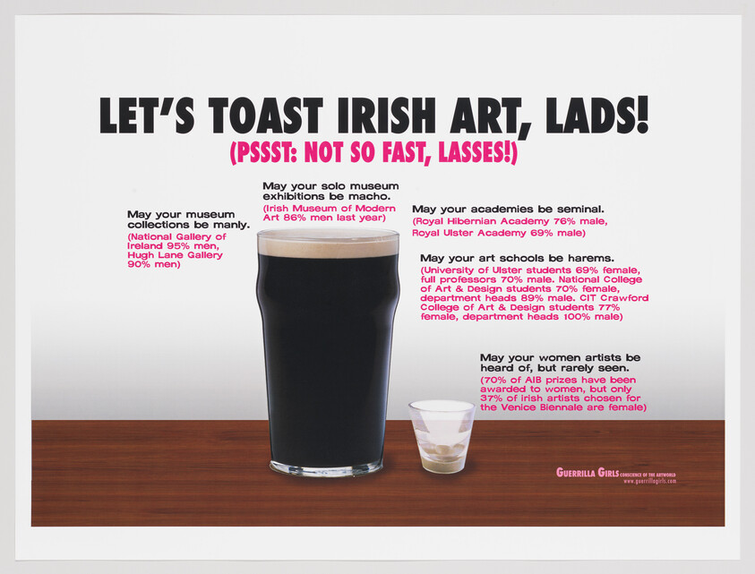 A pint of dark beer and a small glass of milk sit on a table, highlighting gender inequality in Irish art.