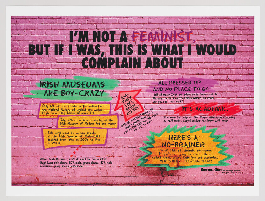 Text on a pink brick wall highlights gender inequality in Irish art museums, with statistics about underrepresentation of women artists.