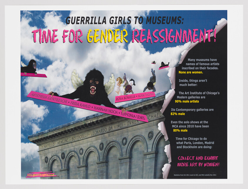 A large gorilla with angel wings and famous women artists' names calls for museums to show more art by women.