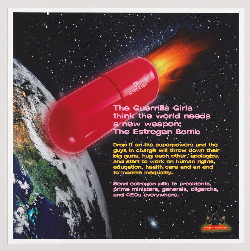 A large red estrogen pill flies through space toward Earth, with text calling for more empathy in world leadership.