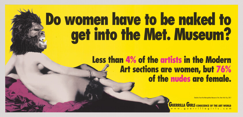 A reclining nude woman with a gorilla mask; bold text questions gender bias in art at the Met Museum.
