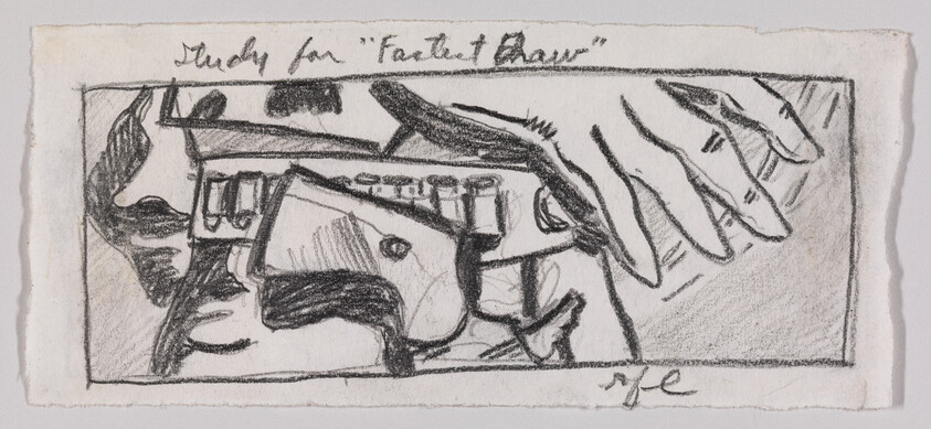 A pencil sketch of a hand reaching toward a holstered revolver with cartridges on a belt.